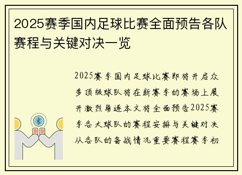 2025赛季国内足球比赛全面预告各队赛程与关键对决一览